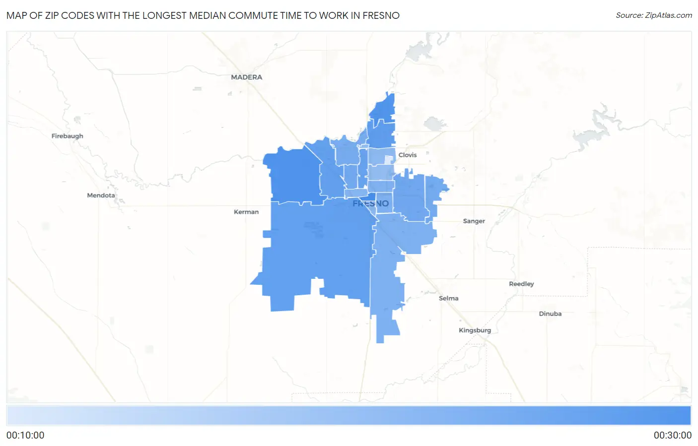 Zip Codes with the Longest Median Commute Time to Work in Fresno Map