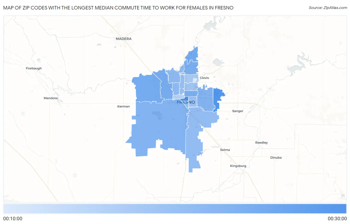Zip Codes with the Longest Median Commute Time to Work for Females in Fresno Map