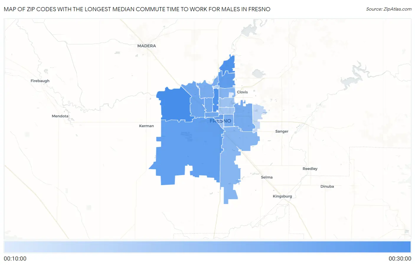 Zip Codes with the Longest Median Commute Time to Work for Males in Fresno Map