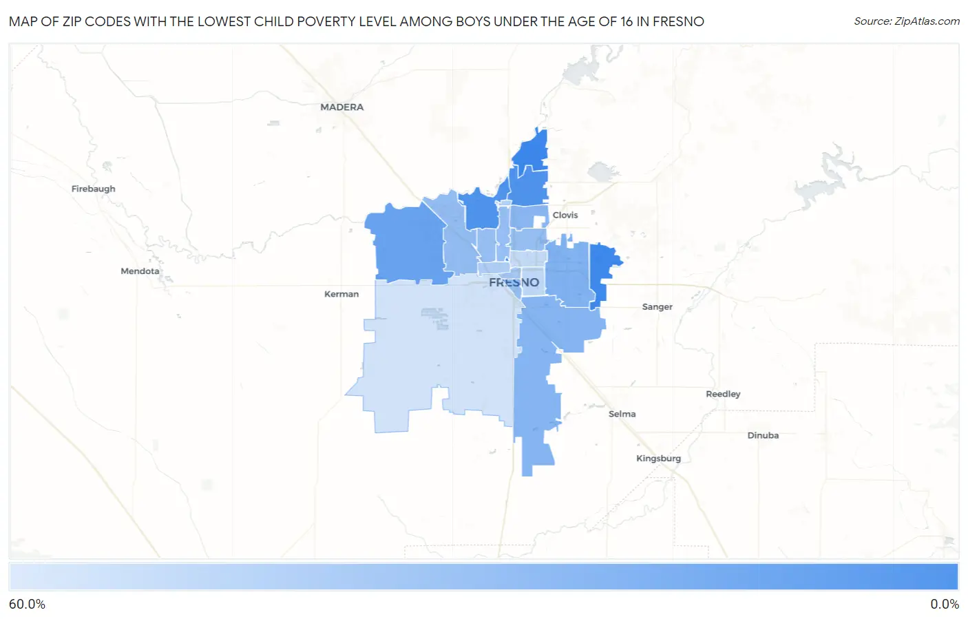 Zip Codes with the Lowest Child Poverty Level Among Boys Under the Age of 16 in Fresno Map