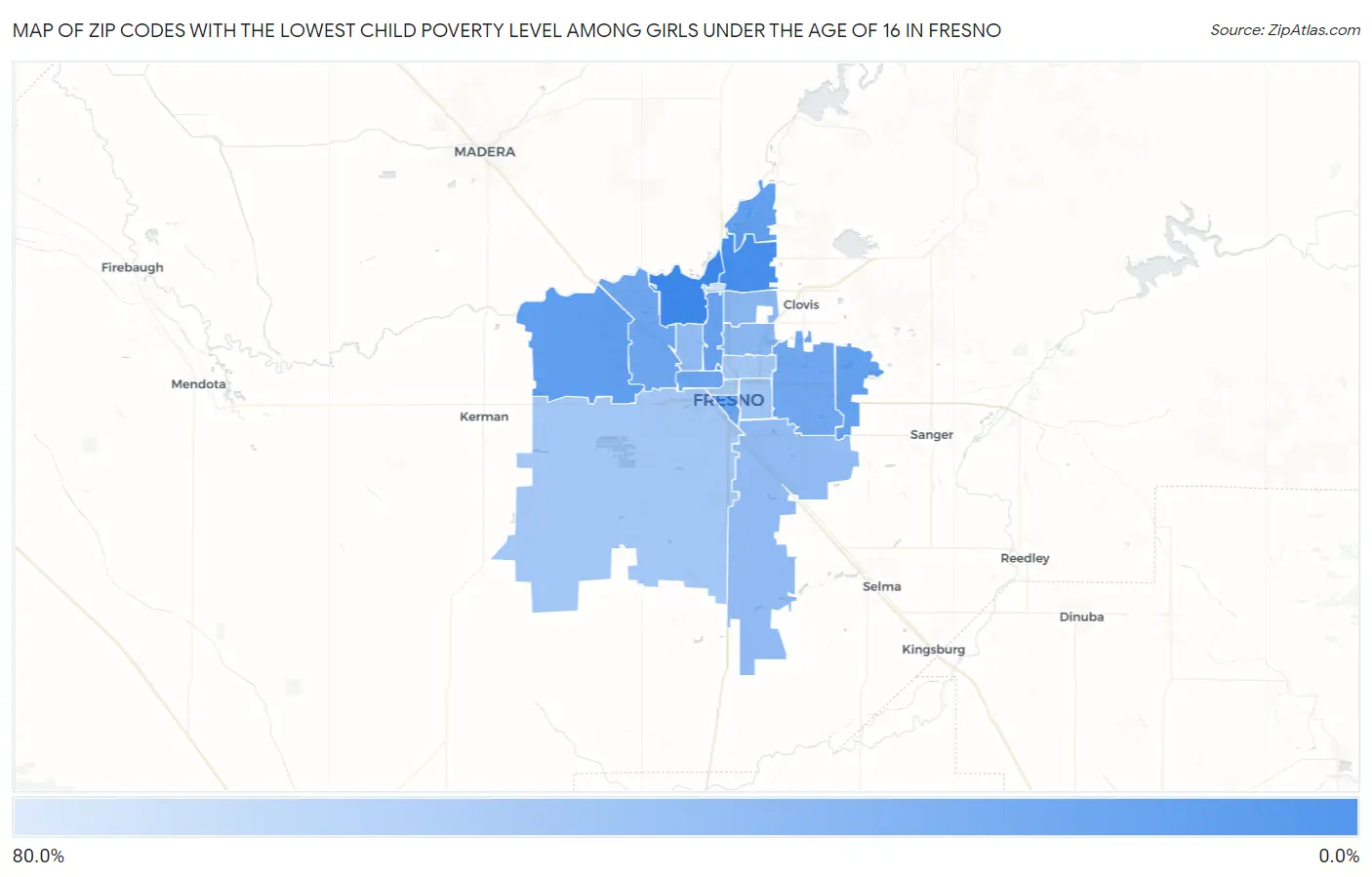 Zip Codes with the Lowest Child Poverty Level Among Girls Under the Age of 16 in Fresno Map