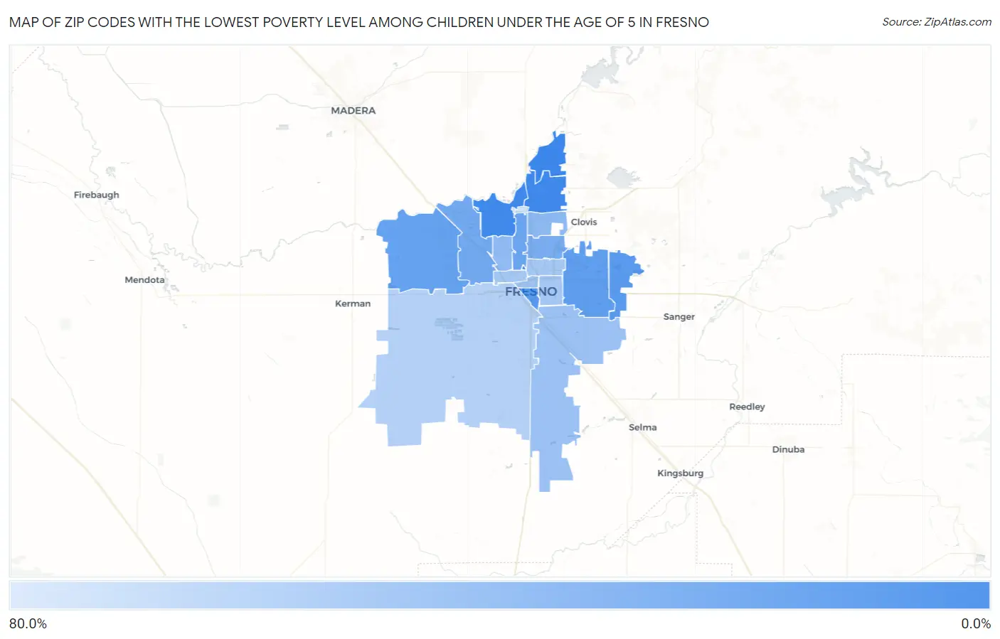Zip Codes with the Lowest Poverty Level Among Children Under the Age of 5 in Fresno Map