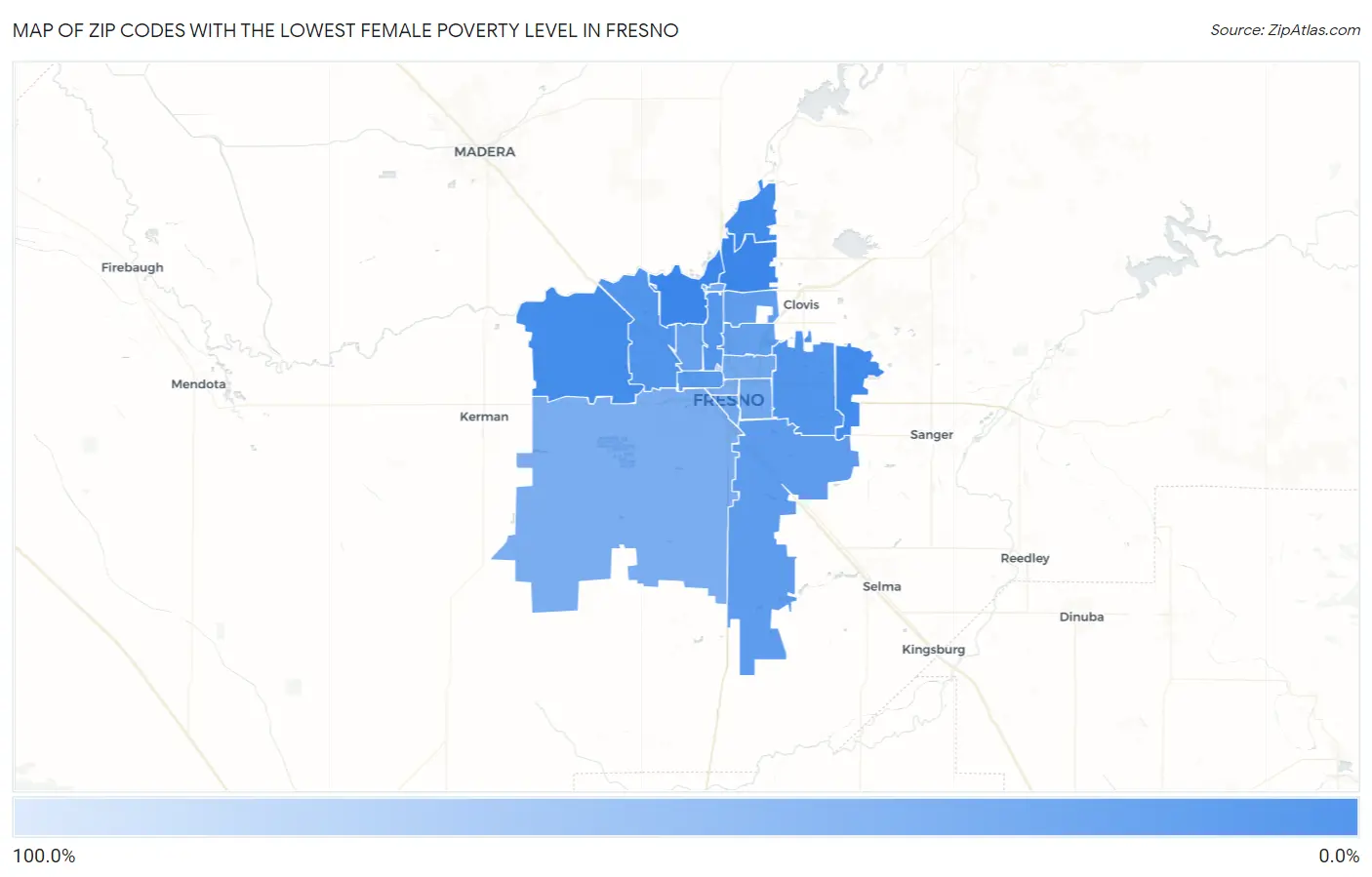Zip Codes with the Lowest Female Poverty Level in Fresno Map