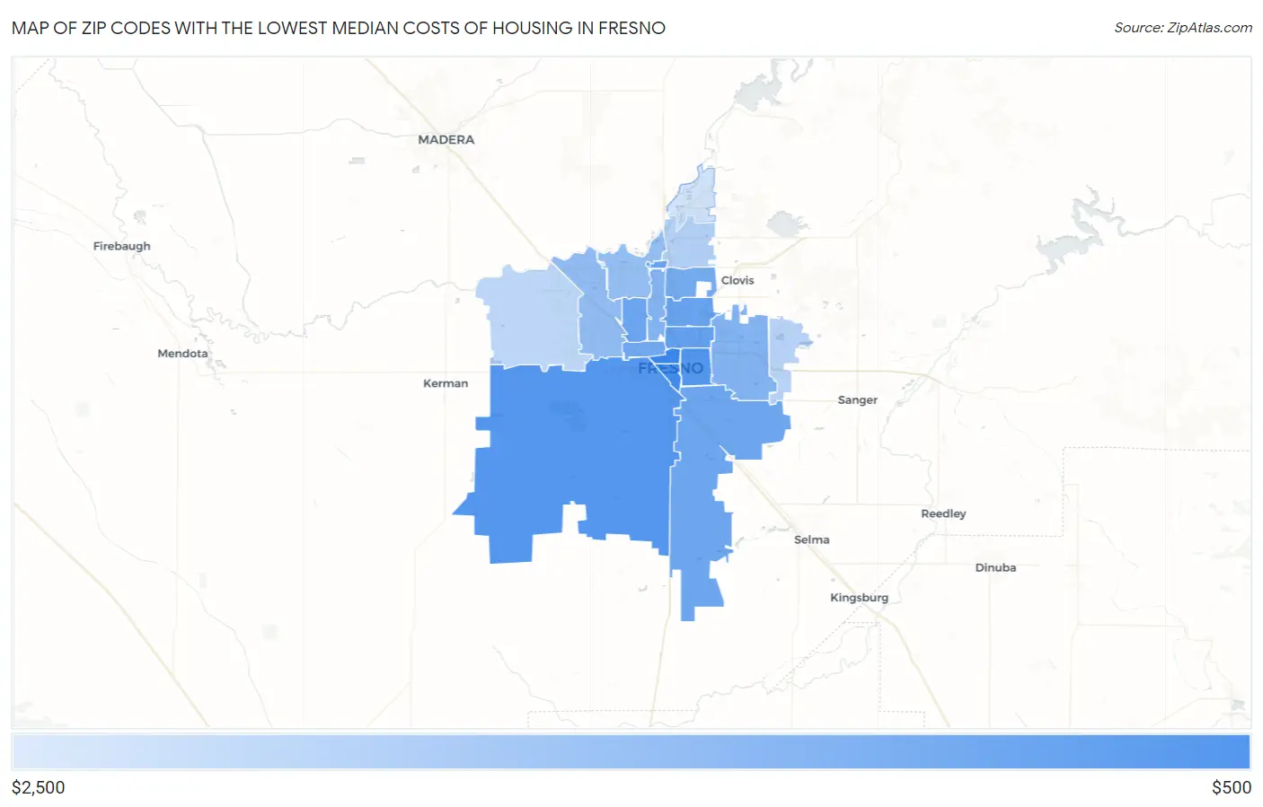 Zip Codes with the Lowest Median Costs of Housing in Fresno Map