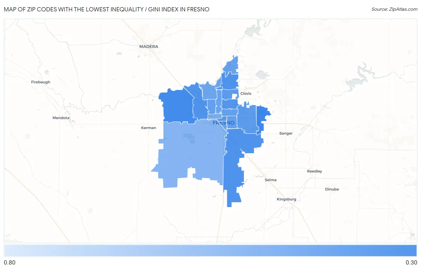Zip Codes with the Lowest Inequality / Gini Index in Fresno Map
