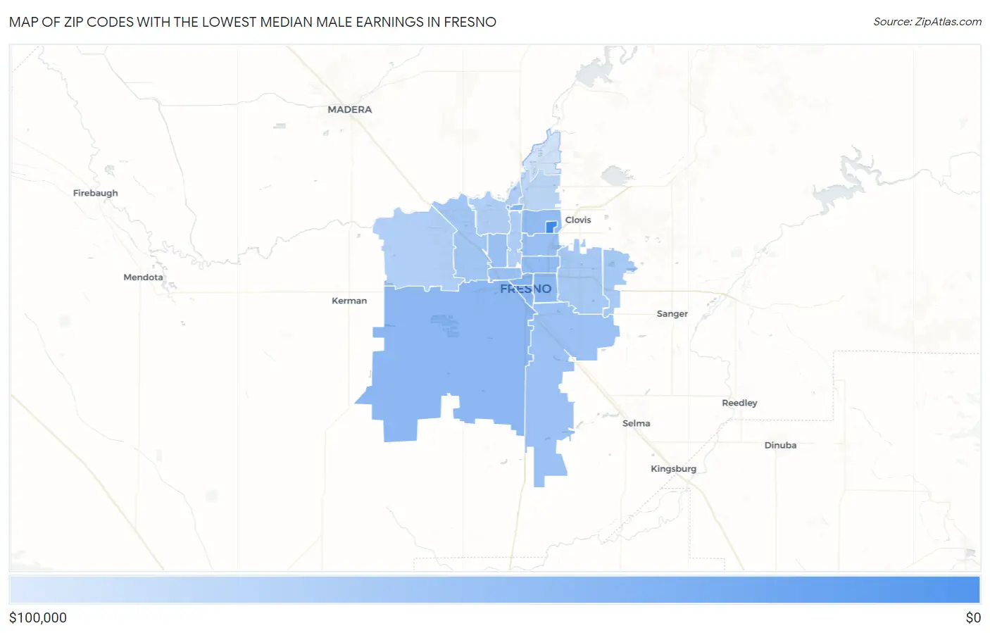 Zip Codes with the Lowest Median Male Earnings in Fresno Map