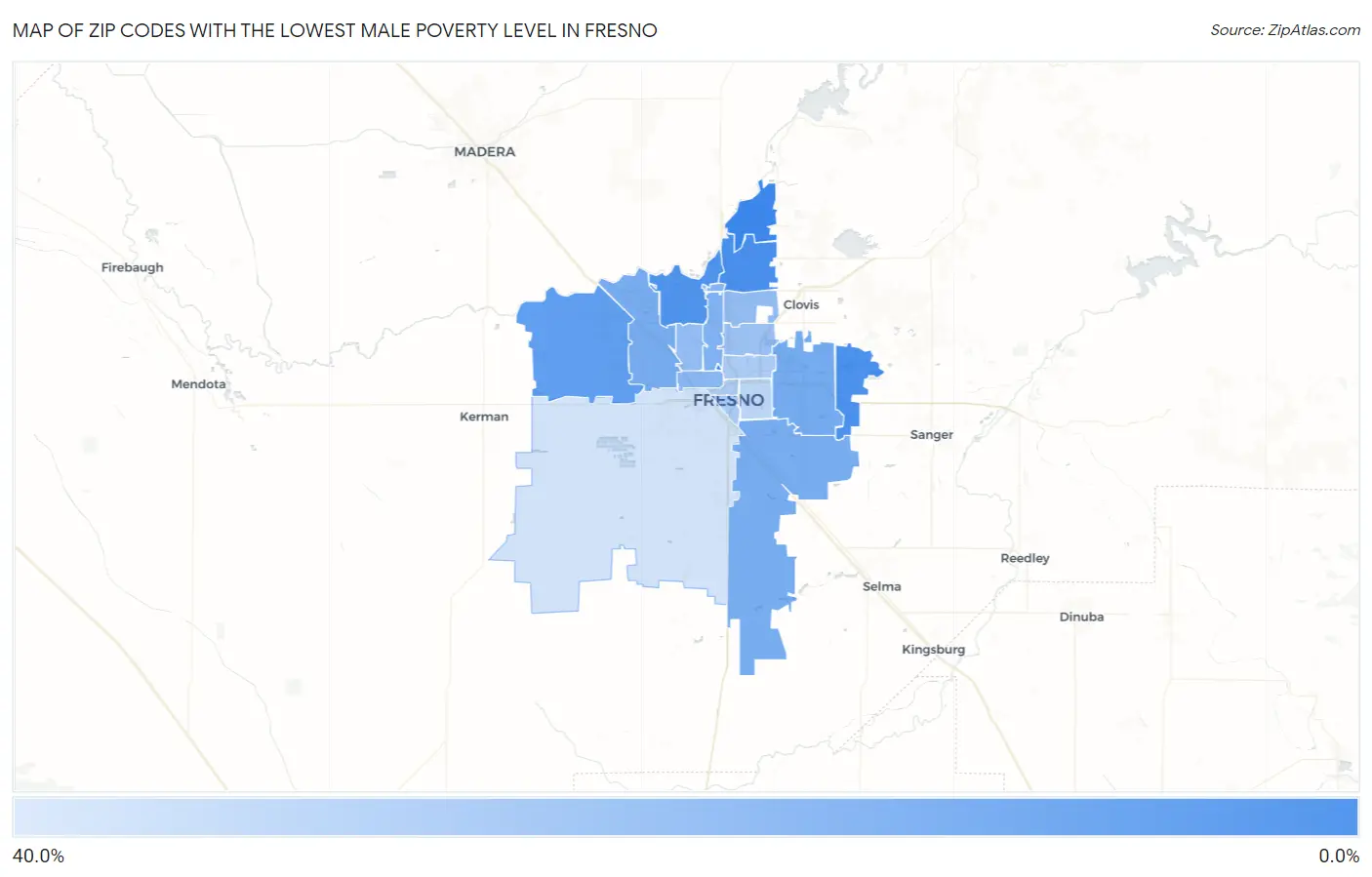 Zip Codes with the Lowest Male Poverty Level in Fresno Map