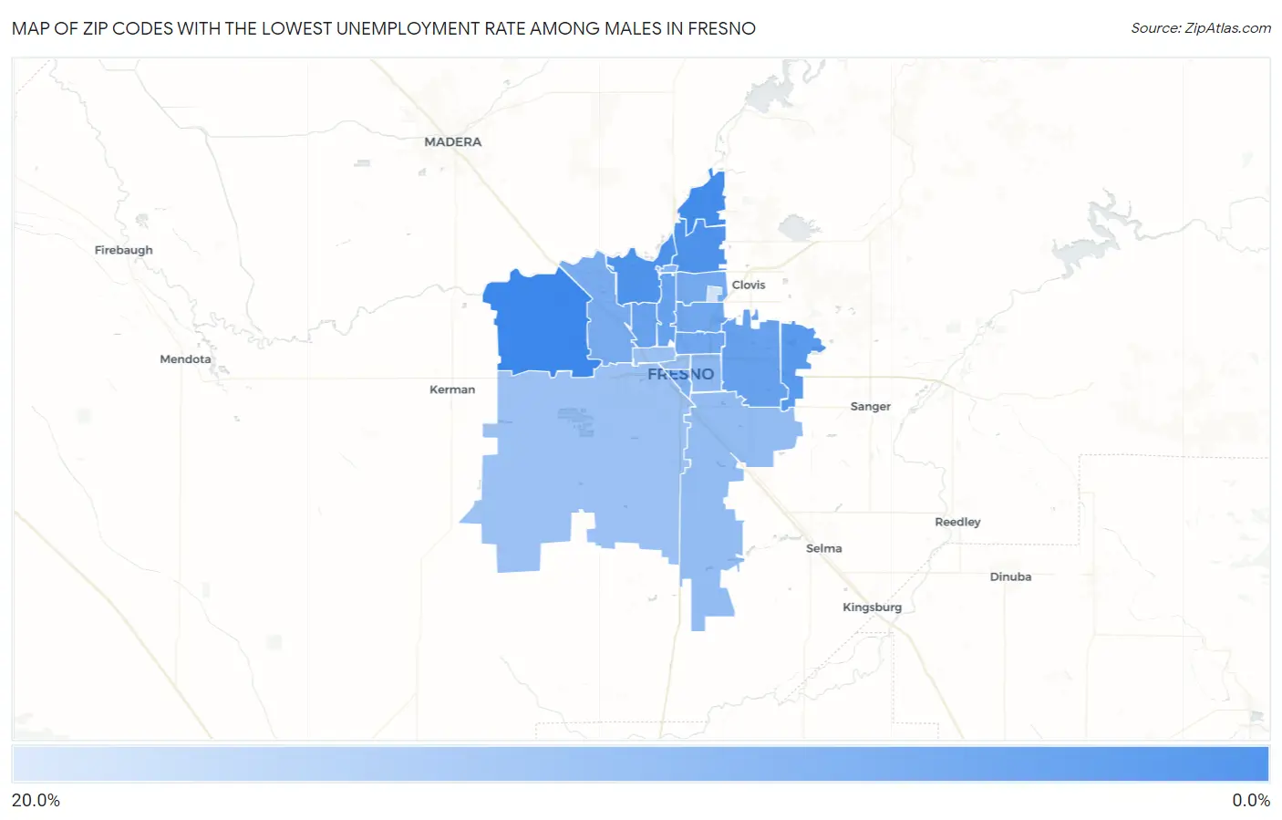 Zip Codes with the Lowest Unemployment Rate Among Males in Fresno Map