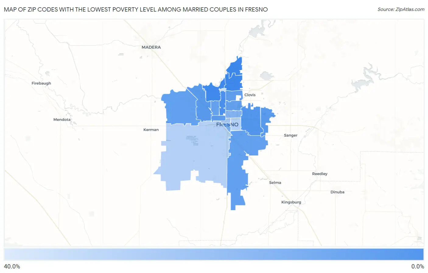 Zip Codes with the Lowest Poverty Level Among Married Couples in Fresno Map