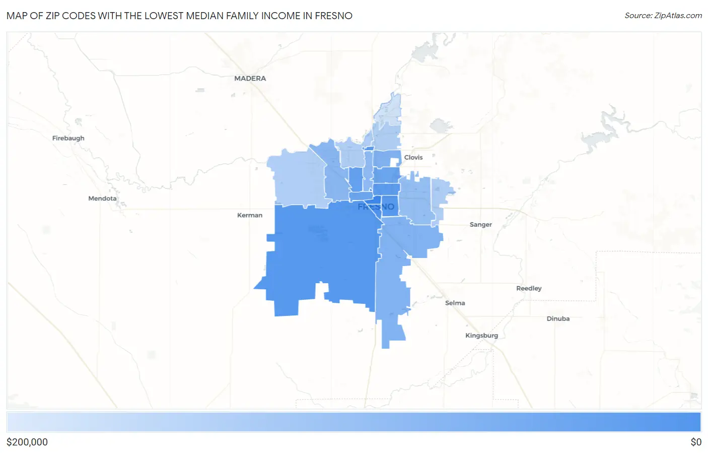 Zip Codes with the Lowest Median Family Income in Fresno Map