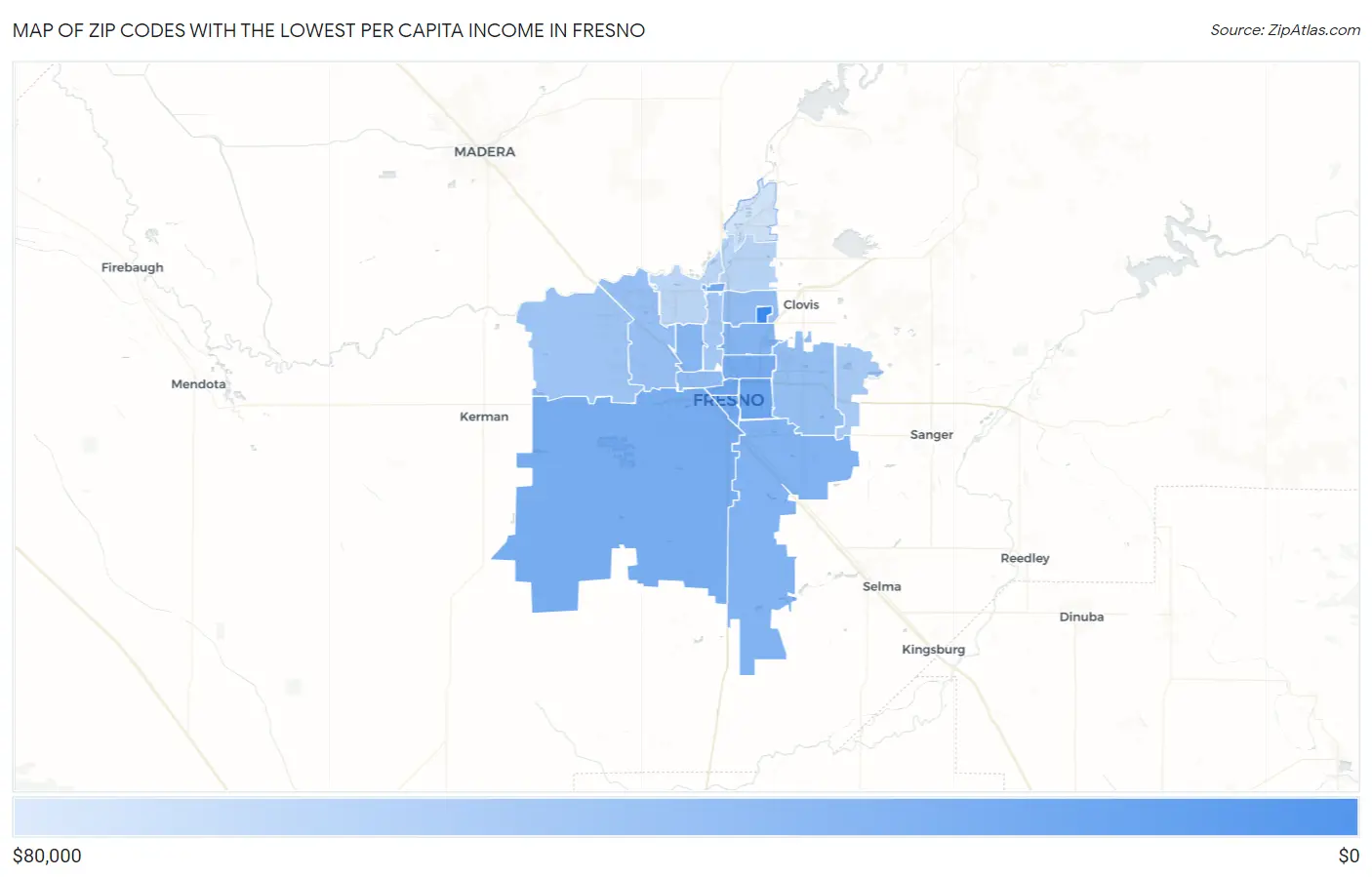 Zip Codes with the Lowest Per Capita Income in Fresno Map