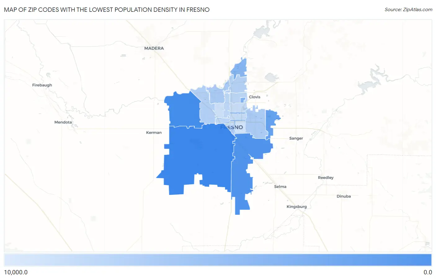 Zip Codes with the Lowest Population Density in Fresno Map