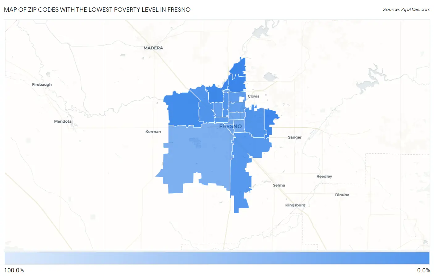 Zip Codes with the Lowest Poverty Level in Fresno Map