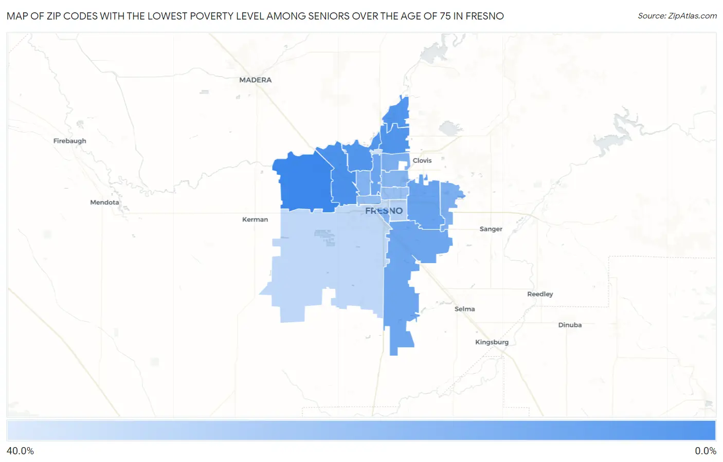 Zip Codes with the Lowest Poverty Level Among Seniors Over the Age of 75 in Fresno Map