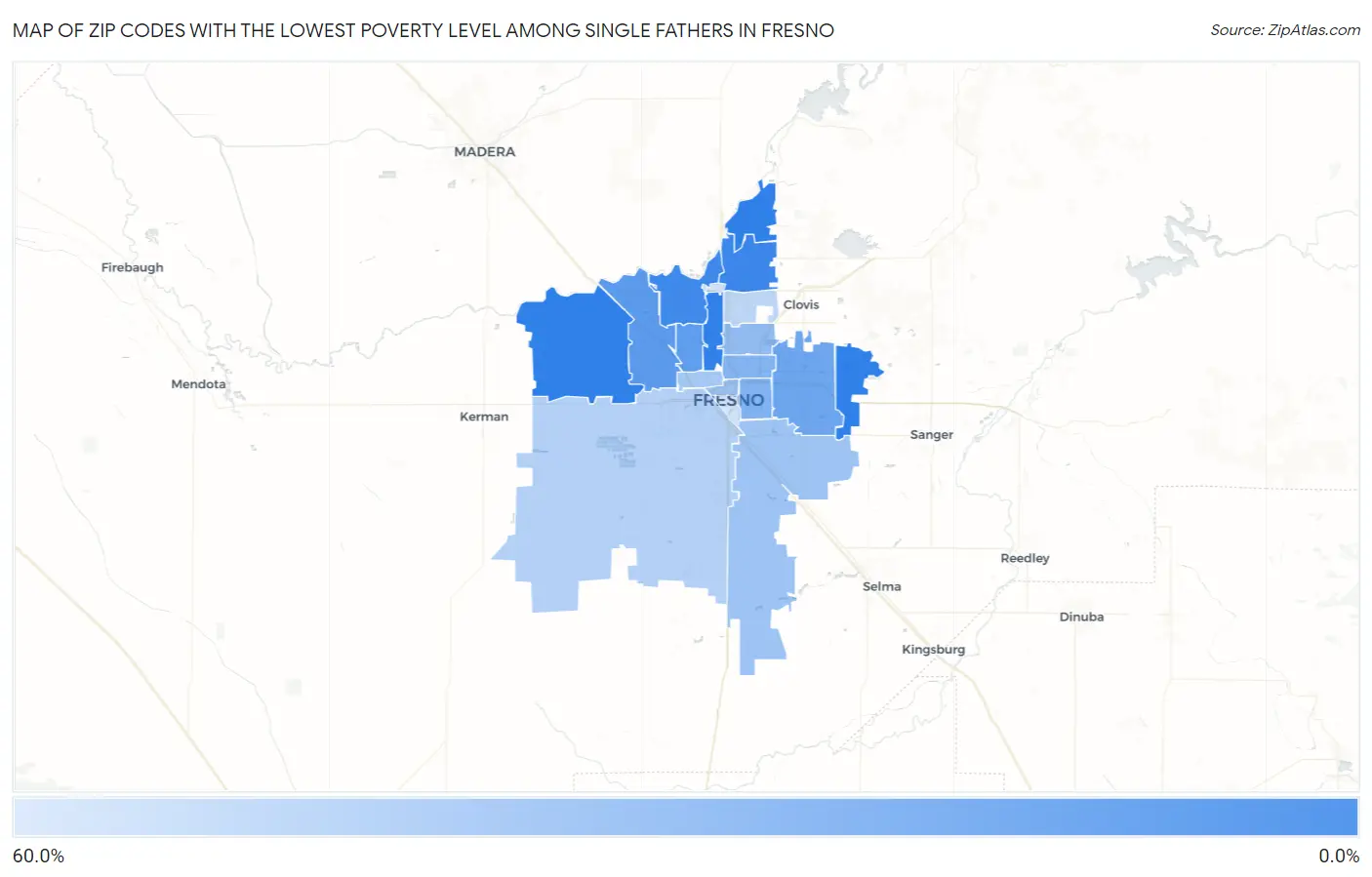 Zip Codes with the Lowest Poverty Level Among Single Fathers in Fresno Map