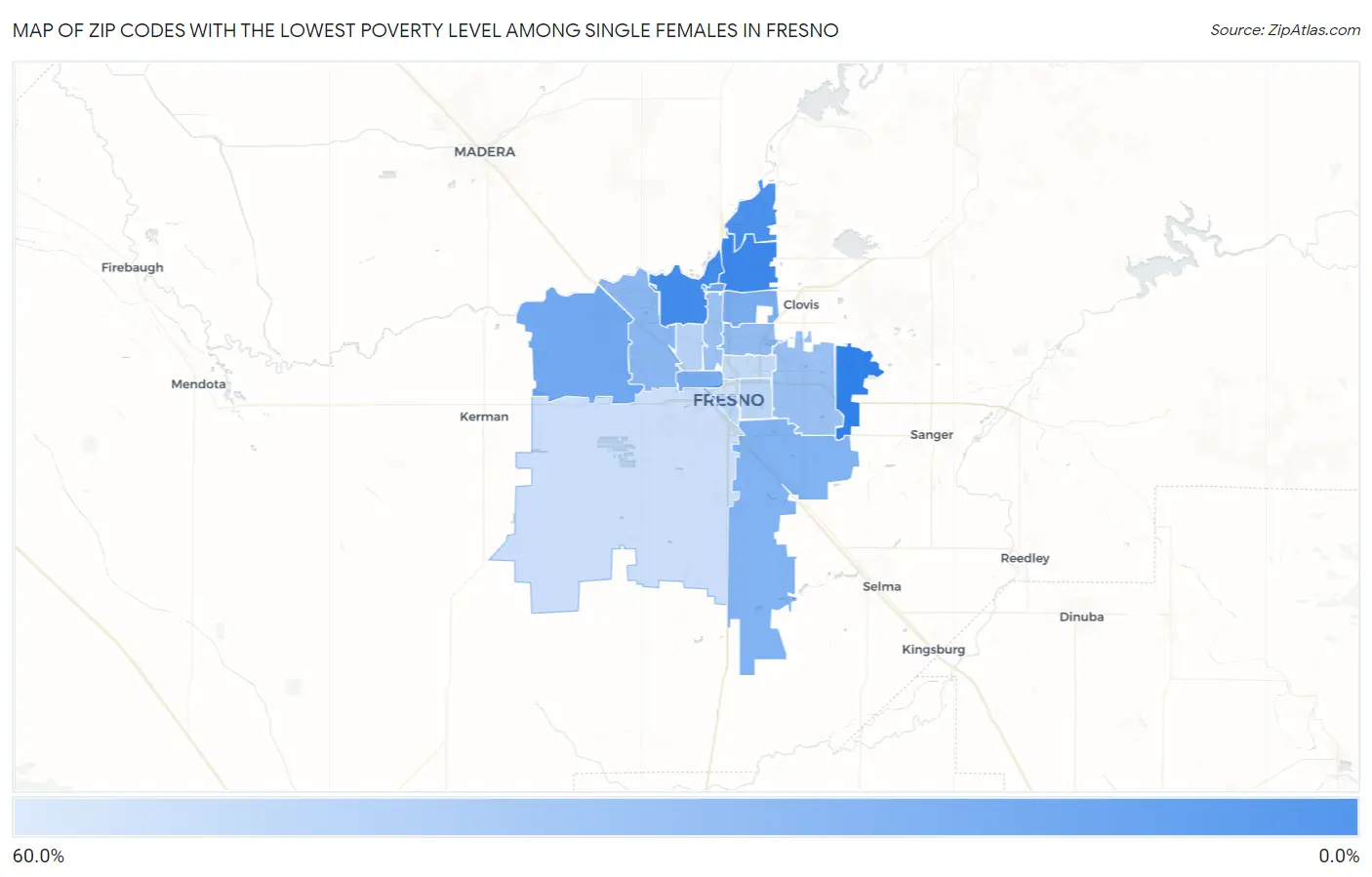 Zip Codes with the Lowest Poverty Level Among Single Females in Fresno Map