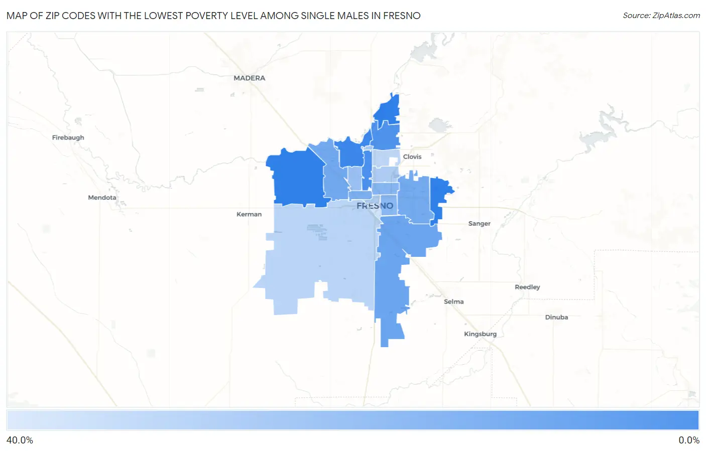 Zip Codes with the Lowest Poverty Level Among Single Males in Fresno Map
