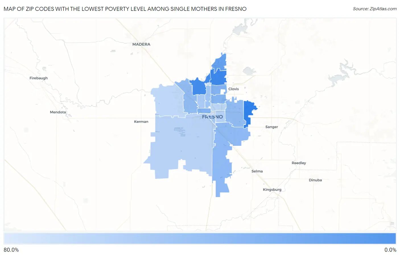 Zip Codes with the Lowest Poverty Level Among Single Mothers in Fresno Map
