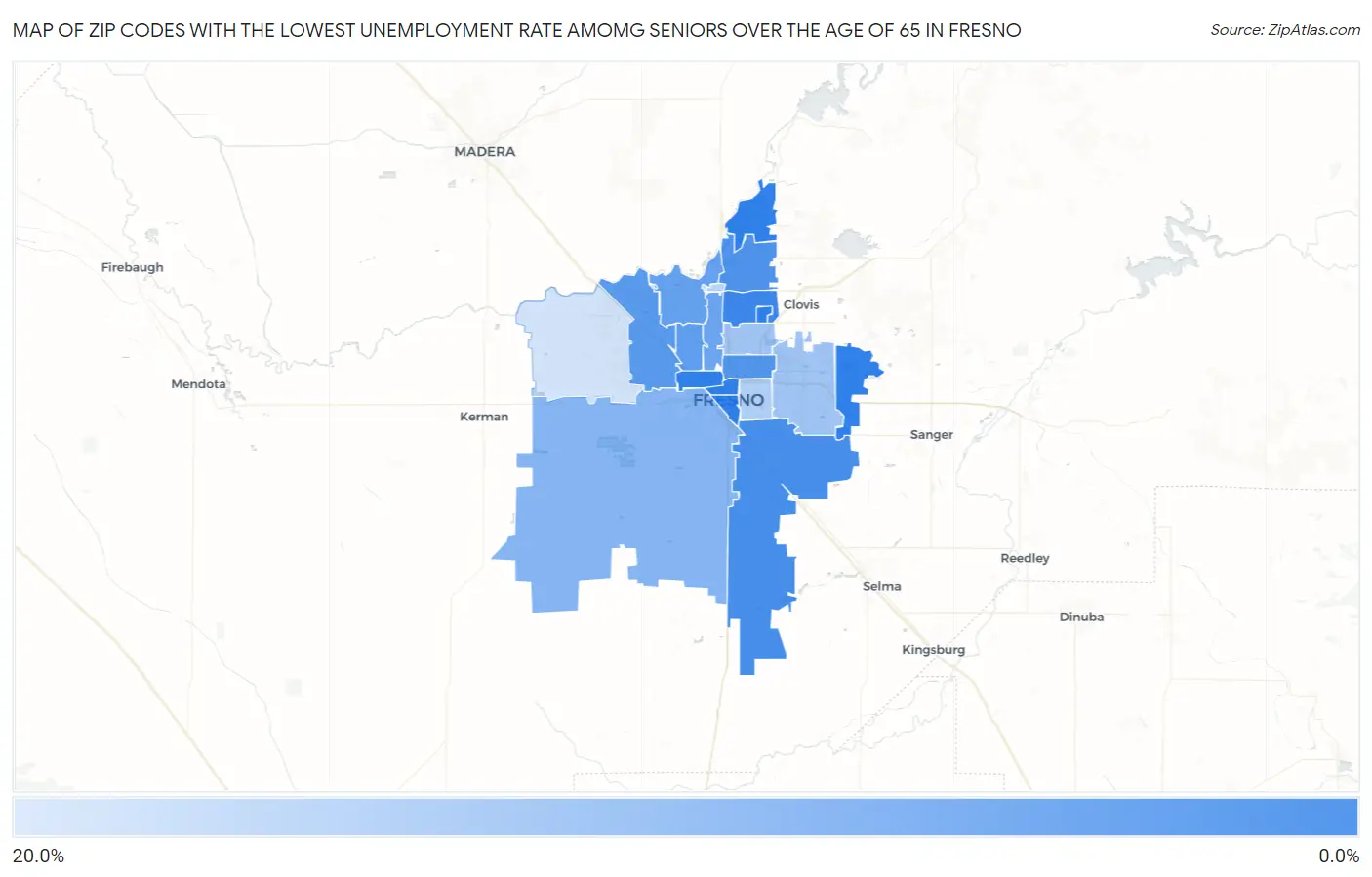 Zip Codes with the Lowest Unemployment Rate Amomg Seniors Over the Age of 65 in Fresno Map
