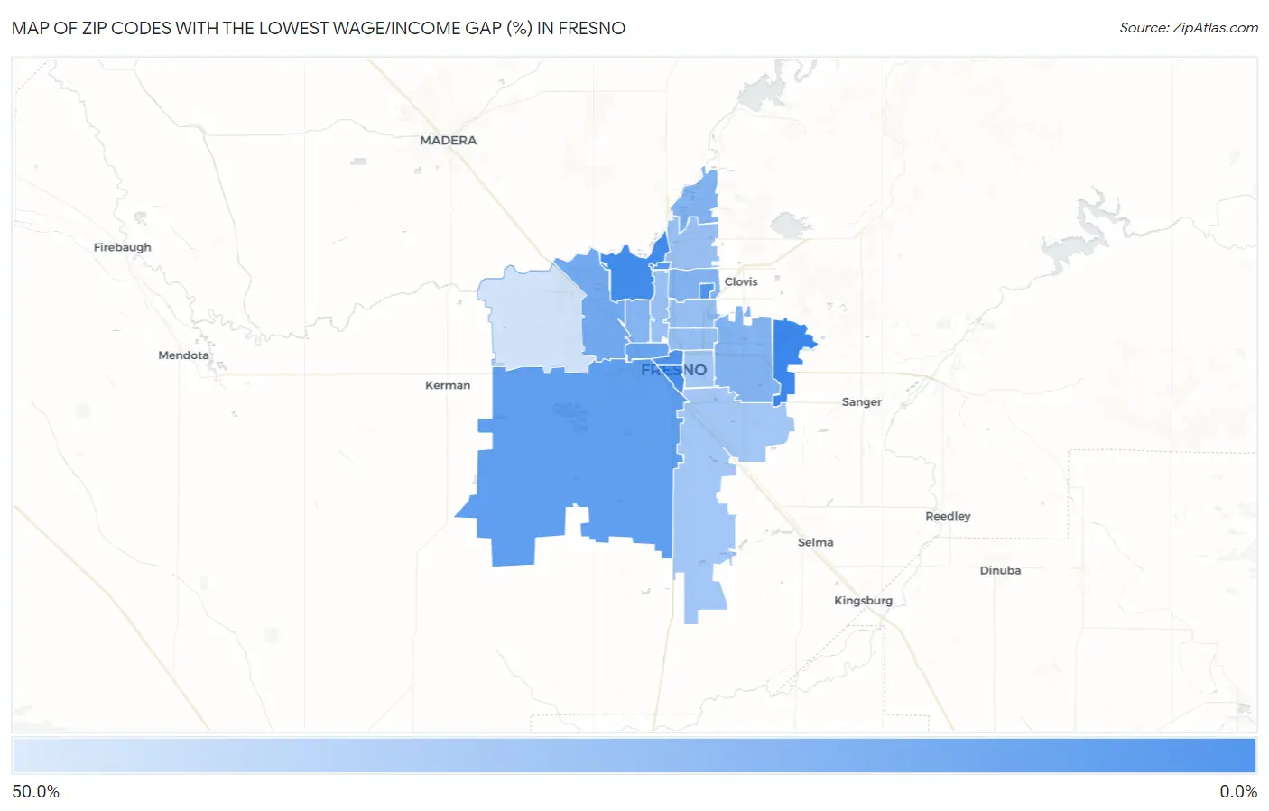 Zip Codes with the Lowest Wage/Income Gap (%) in Fresno Map