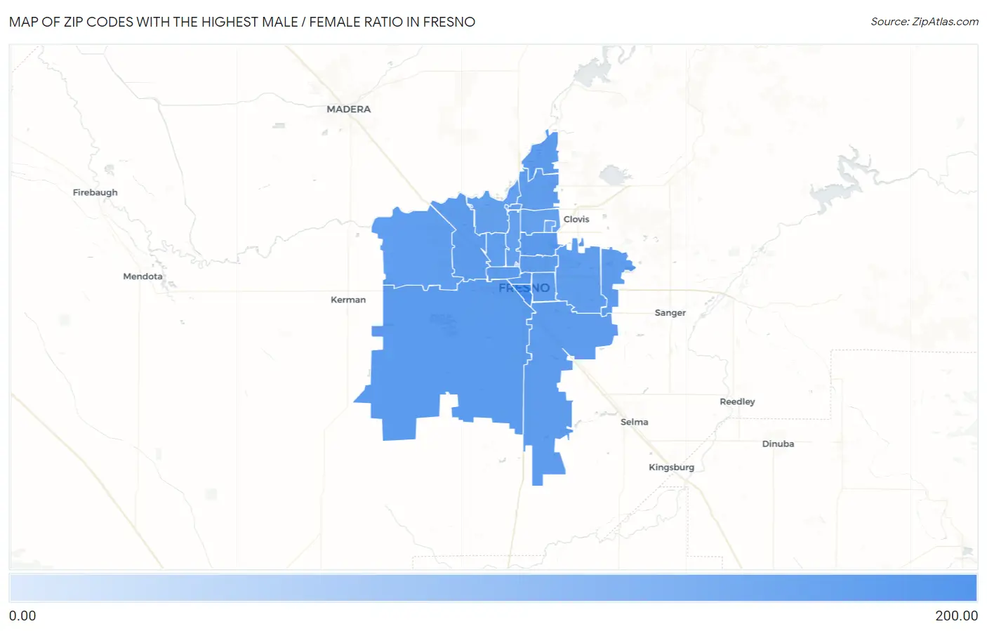 Zip Codes with the Highest Male / Female Ratio in Fresno Map