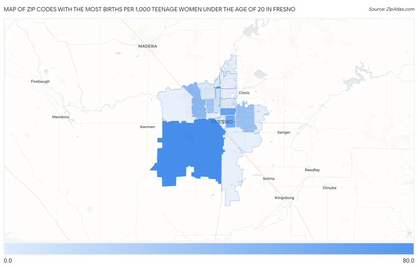 Zip Codes with the Most Births per 1,000 Teenage Women Under the Age of 20 in Fresno Map