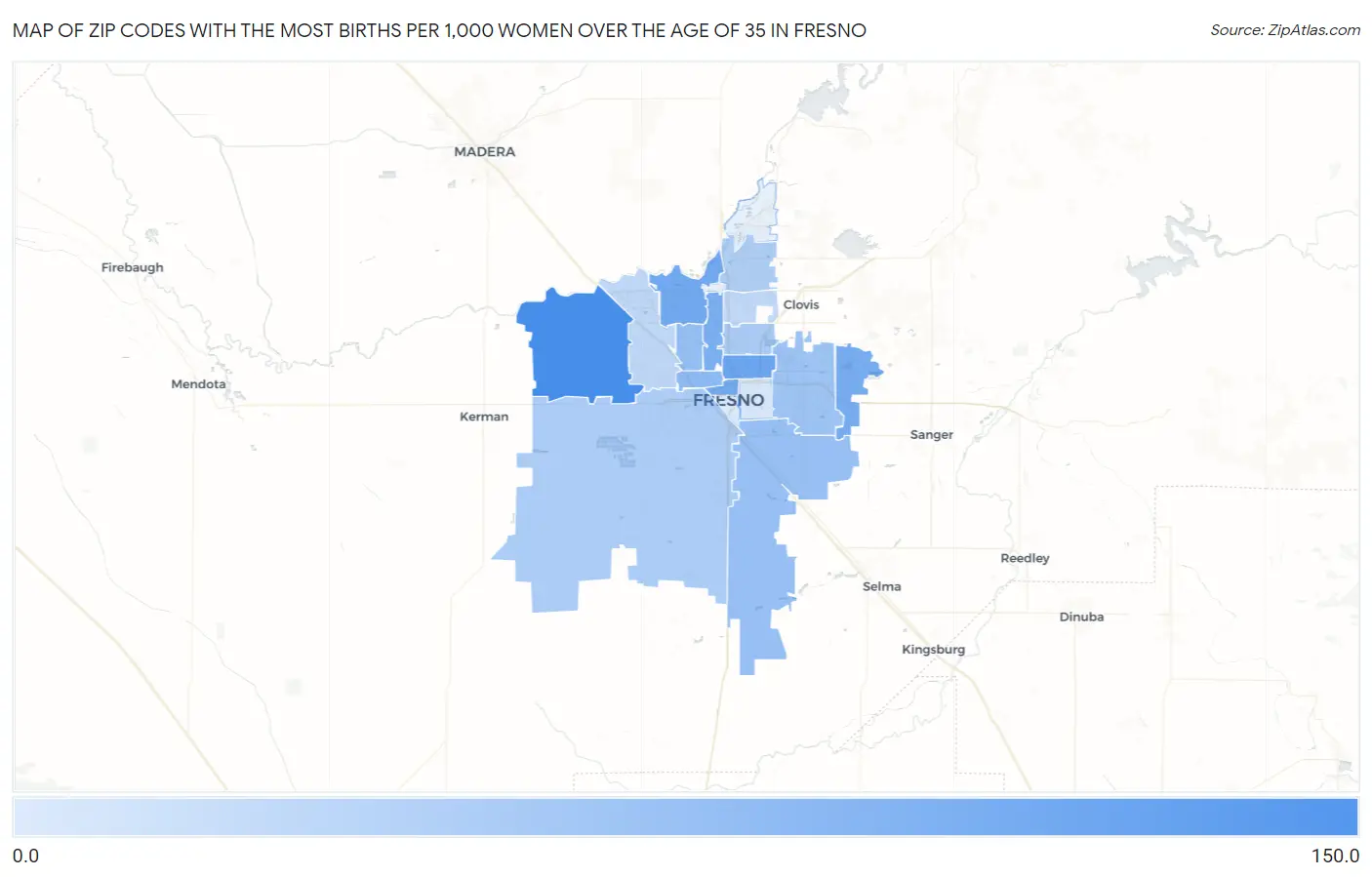 Zip Codes with the Most Births per 1,000 Women Over the Age of 35 in Fresno Map