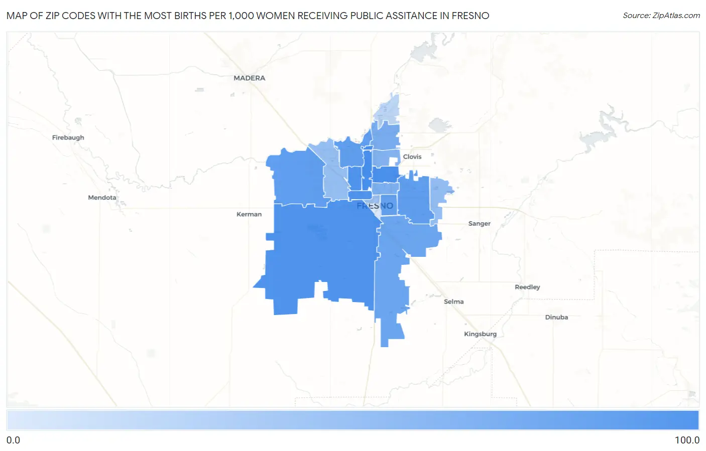 Zip Codes with the Most Births per 1,000 Women Receiving Public Assitance in Fresno Map