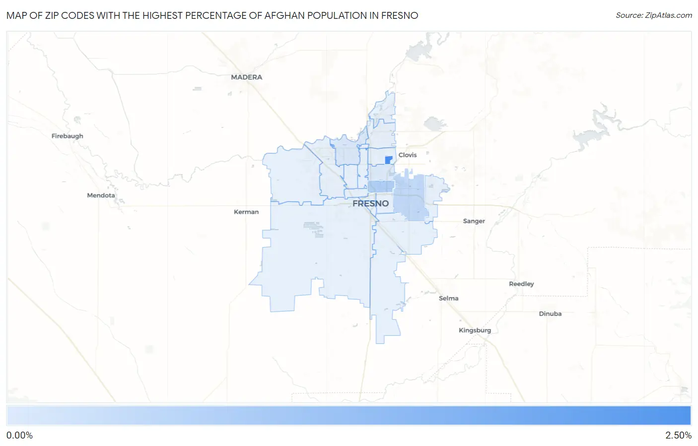 Zip Codes with the Highest Percentage of Afghan Population in Fresno Map