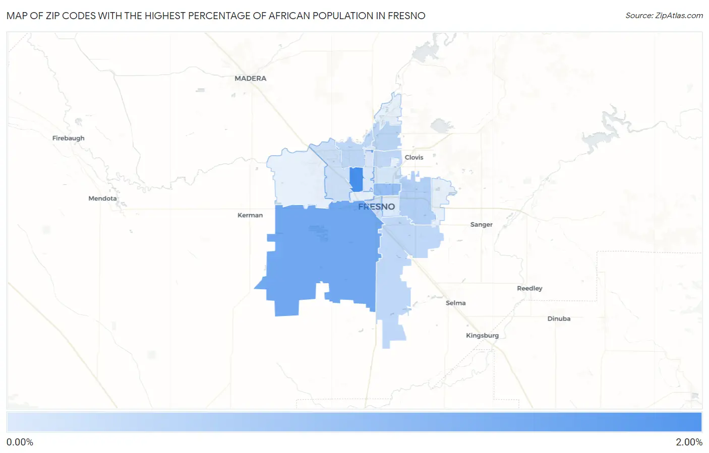 Zip Codes with the Highest Percentage of African Population in Fresno Map