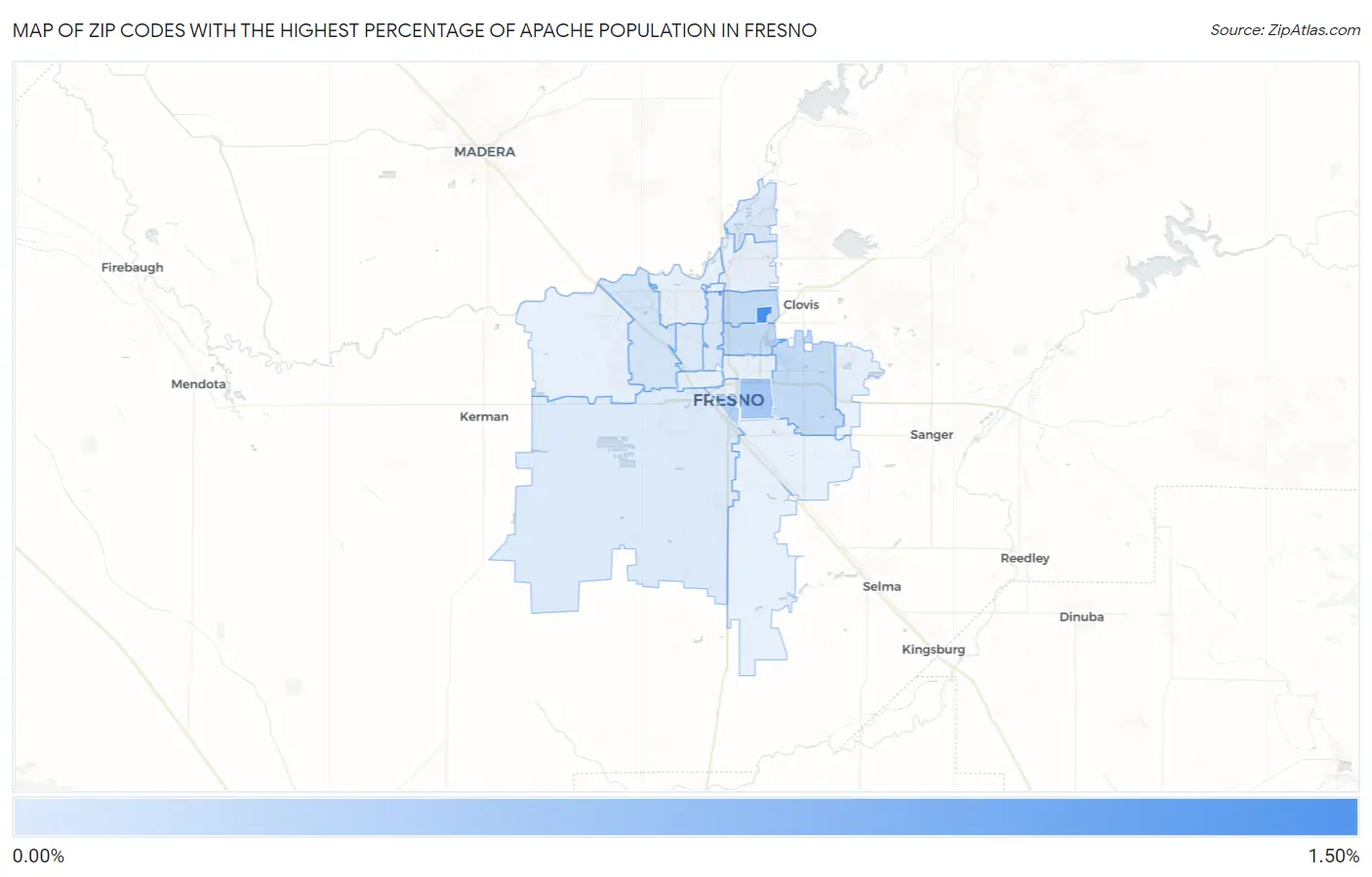 Zip Codes with the Highest Percentage of Apache Population in Fresno Map