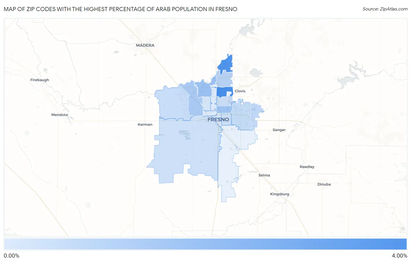 Zip Codes with the Highest Percentage of Arab Population in Fresno Map