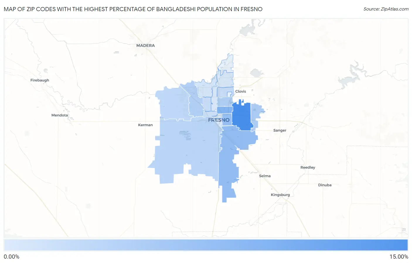 Zip Codes with the Highest Percentage of Bangladeshi Population in Fresno Map