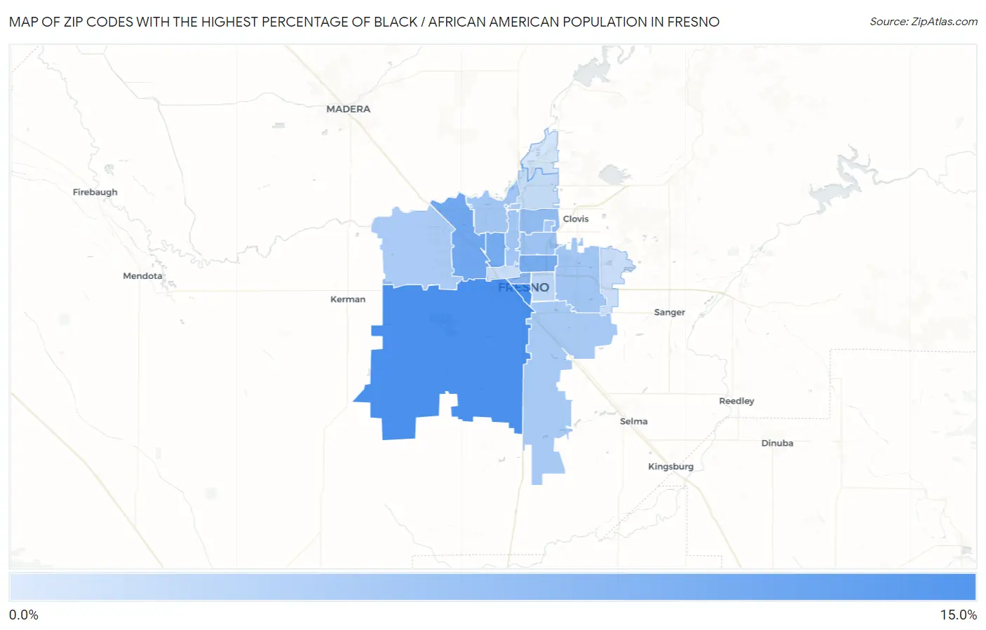 Zip Codes with the Highest Percentage of Black / African American Population in Fresno Map