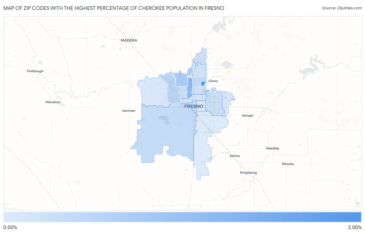 Zip Codes with the Highest Percentage of Cherokee Population in Fresno Map