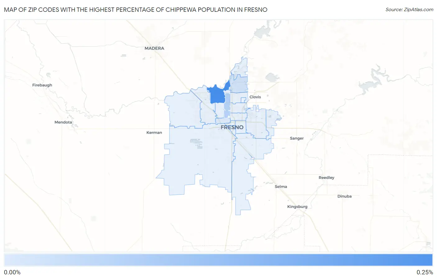 Zip Codes with the Highest Percentage of Chippewa Population in Fresno Map