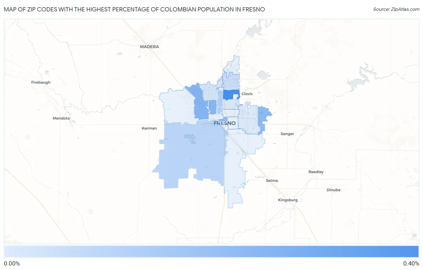 Zip Codes with the Highest Percentage of Colombian Population in Fresno Map
