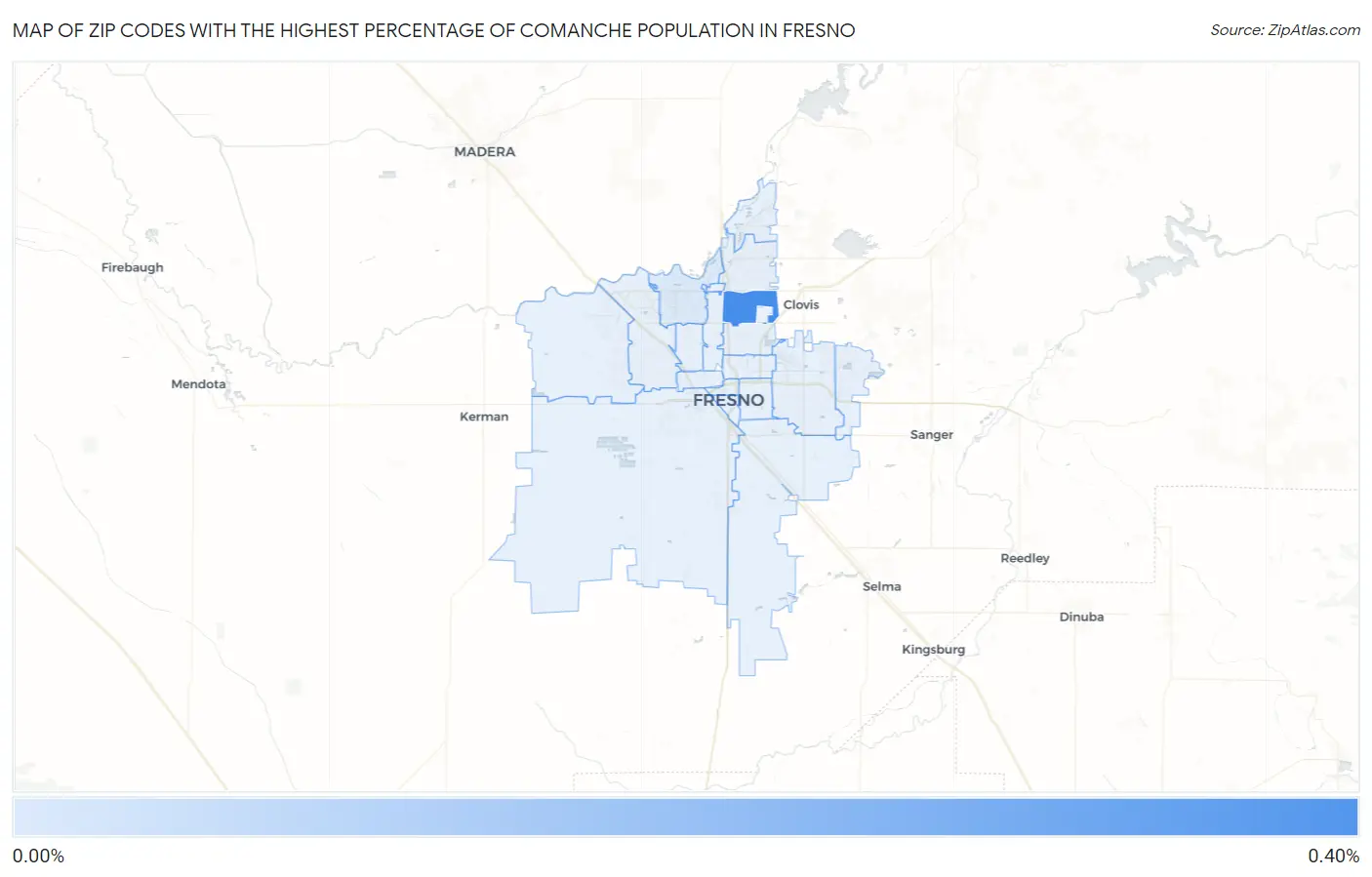 Zip Codes with the Highest Percentage of Comanche Population in Fresno Map