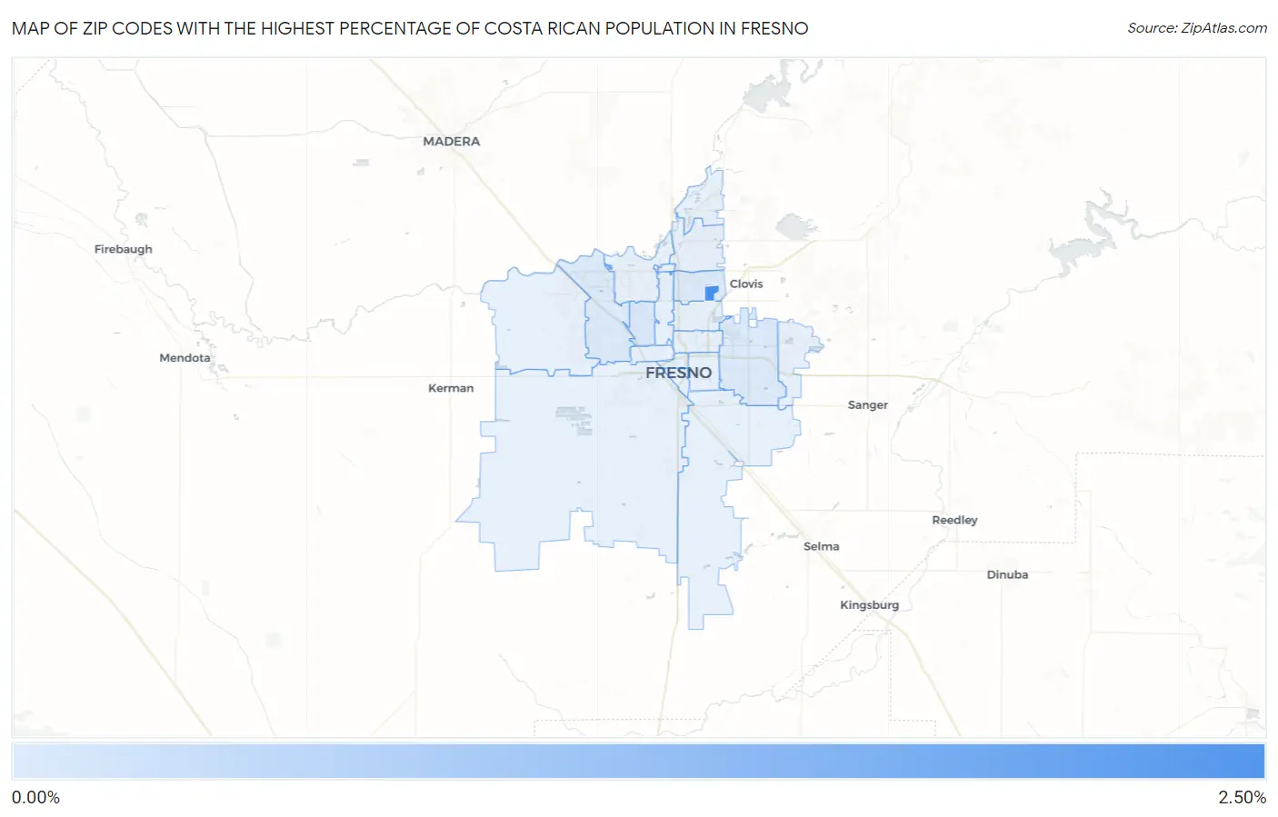 Zip Codes with the Highest Percentage of Costa Rican Population in Fresno Map