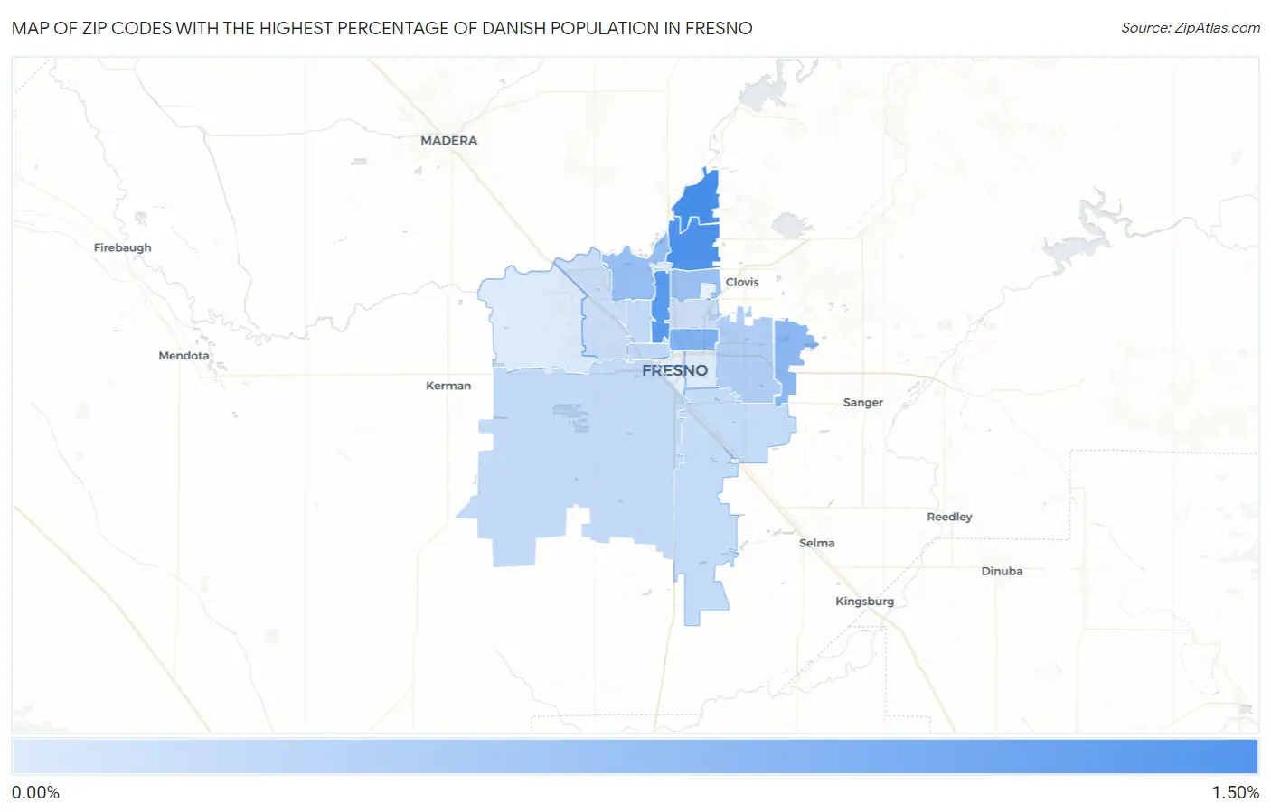 Zip Codes with the Highest Percentage of Danish Population in Fresno Map
