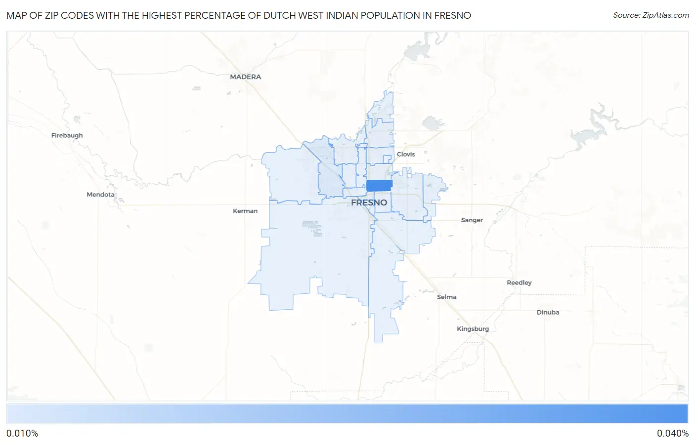 Zip Codes with the Highest Percentage of Dutch West Indian Population in Fresno Map