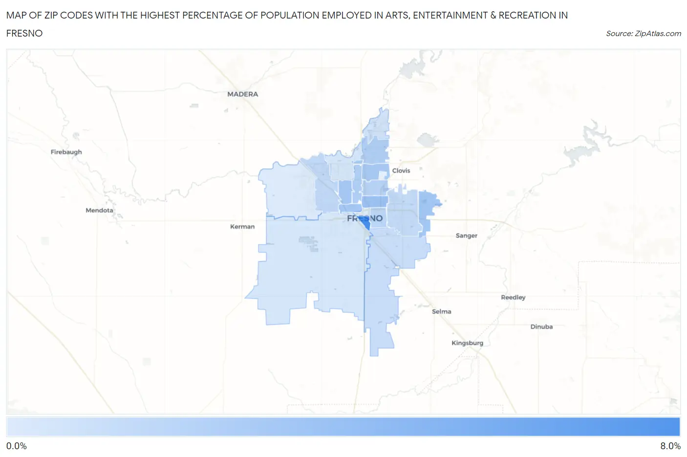 Zip Codes with the Highest Percentage of Population Employed in Arts, Entertainment & Recreation in Fresno Map