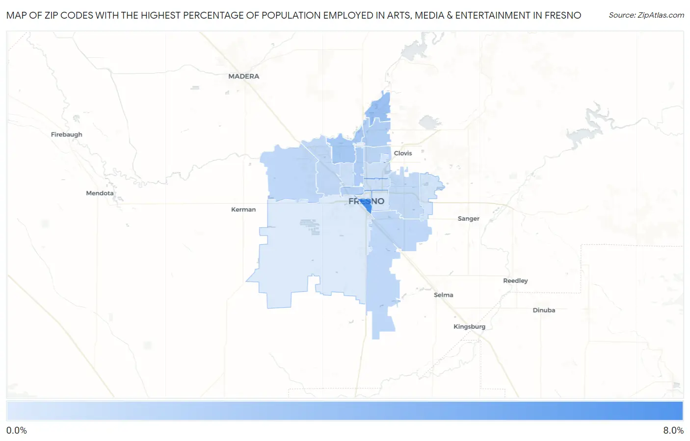Zip Codes with the Highest Percentage of Population Employed in Arts, Media & Entertainment in Fresno Map