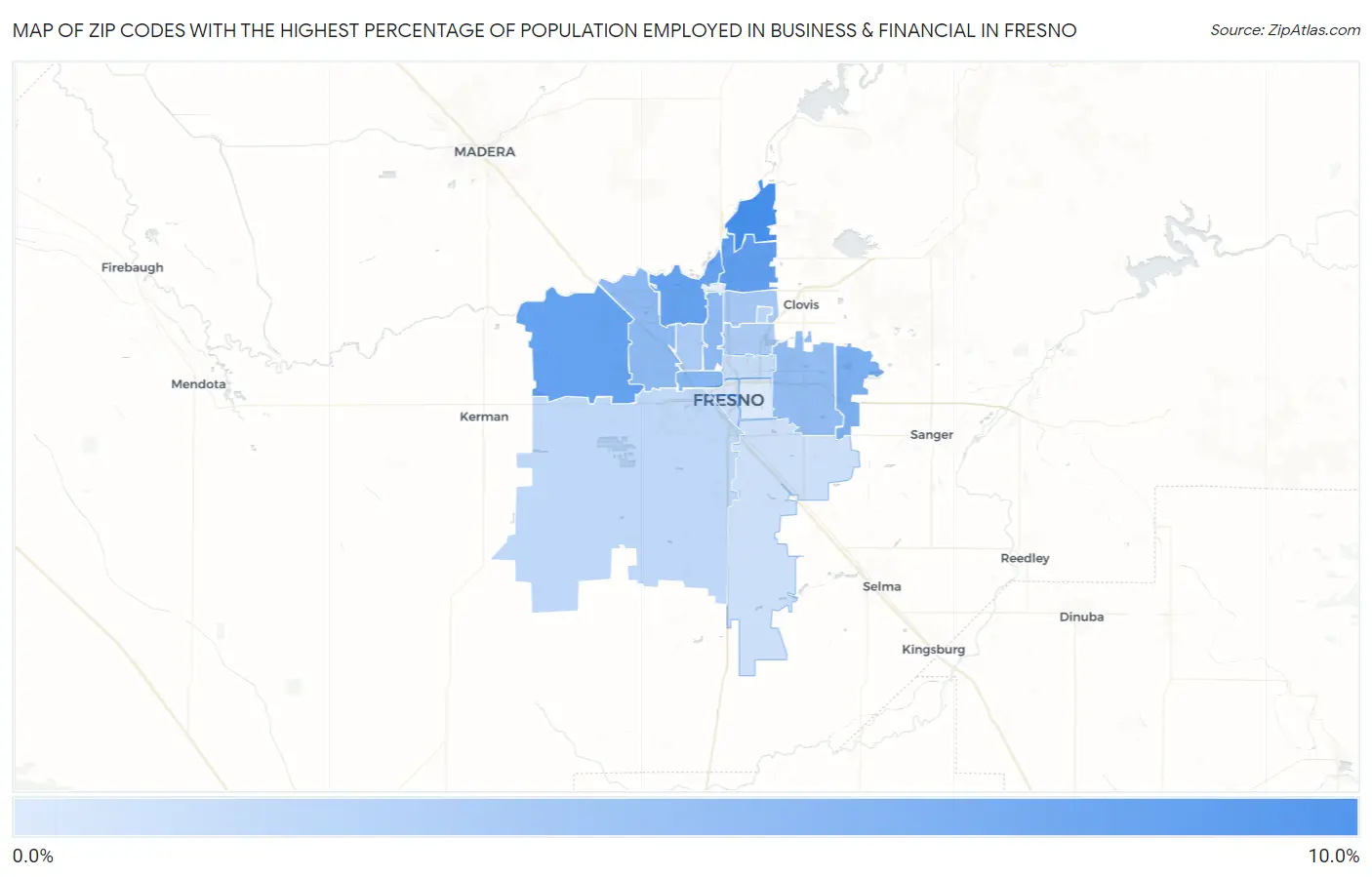 Zip Codes with the Highest Percentage of Population Employed in Business & Financial in Fresno Map