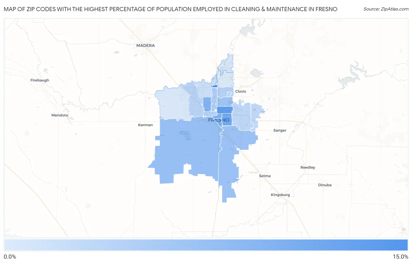 Zip Codes with the Highest Percentage of Population Employed in Cleaning & Maintenance in Fresno Map