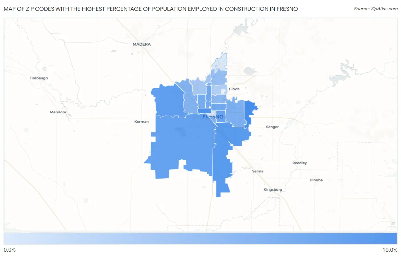 Zip Codes with the Highest Percentage of Population Employed in Construction in Fresno Map