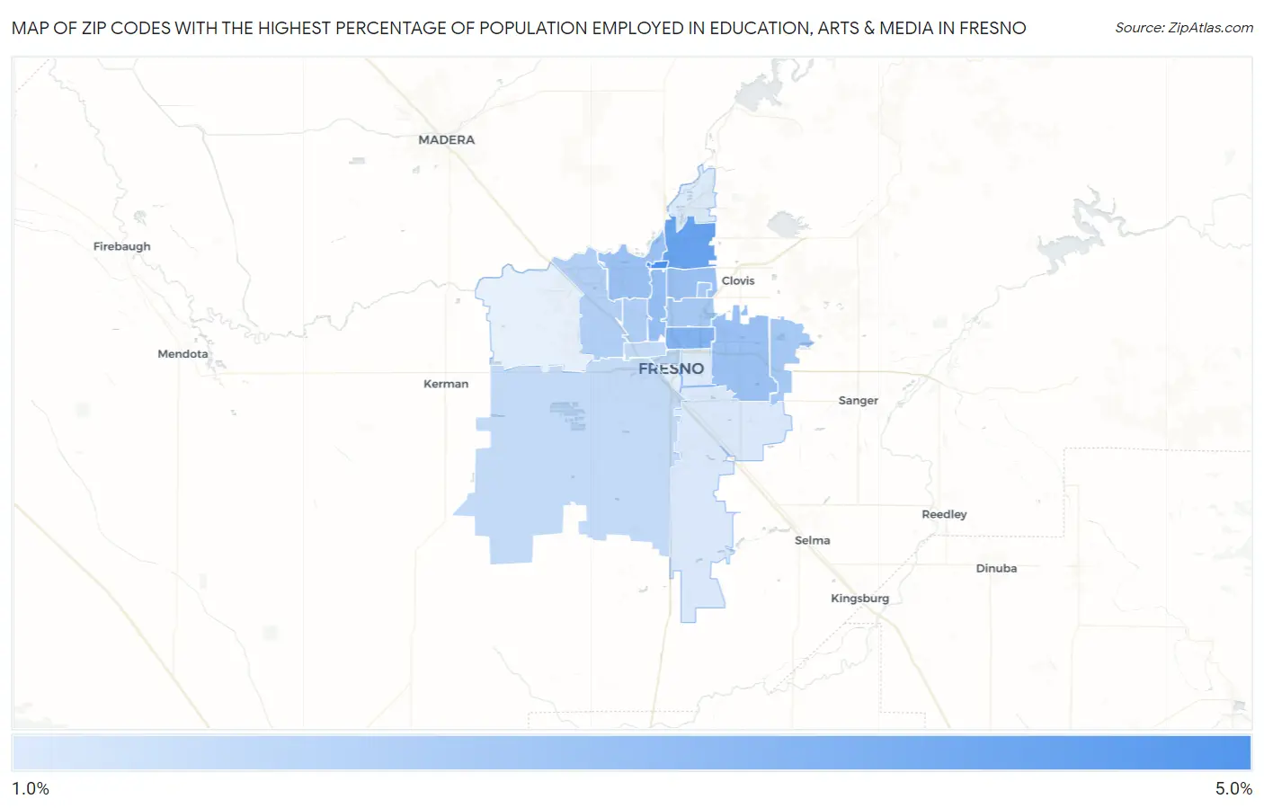Zip Codes with the Highest Percentage of Population Employed in Education, Arts & Media in Fresno Map
