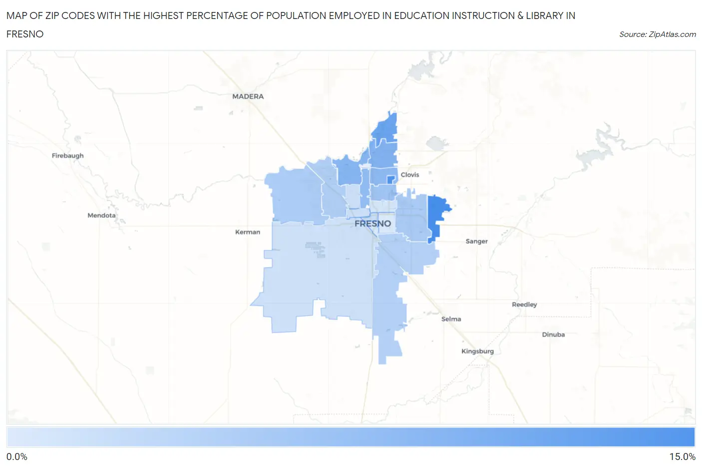 Zip Codes with the Highest Percentage of Population Employed in Education Instruction & Library in Fresno Map