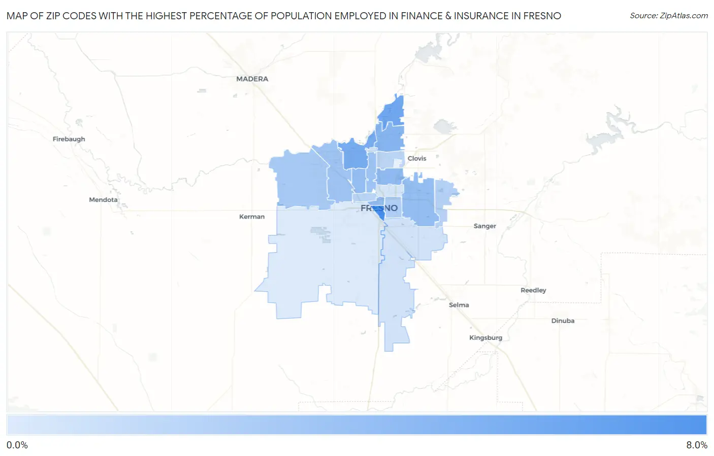 Zip Codes with the Highest Percentage of Population Employed in Finance & Insurance in Fresno Map