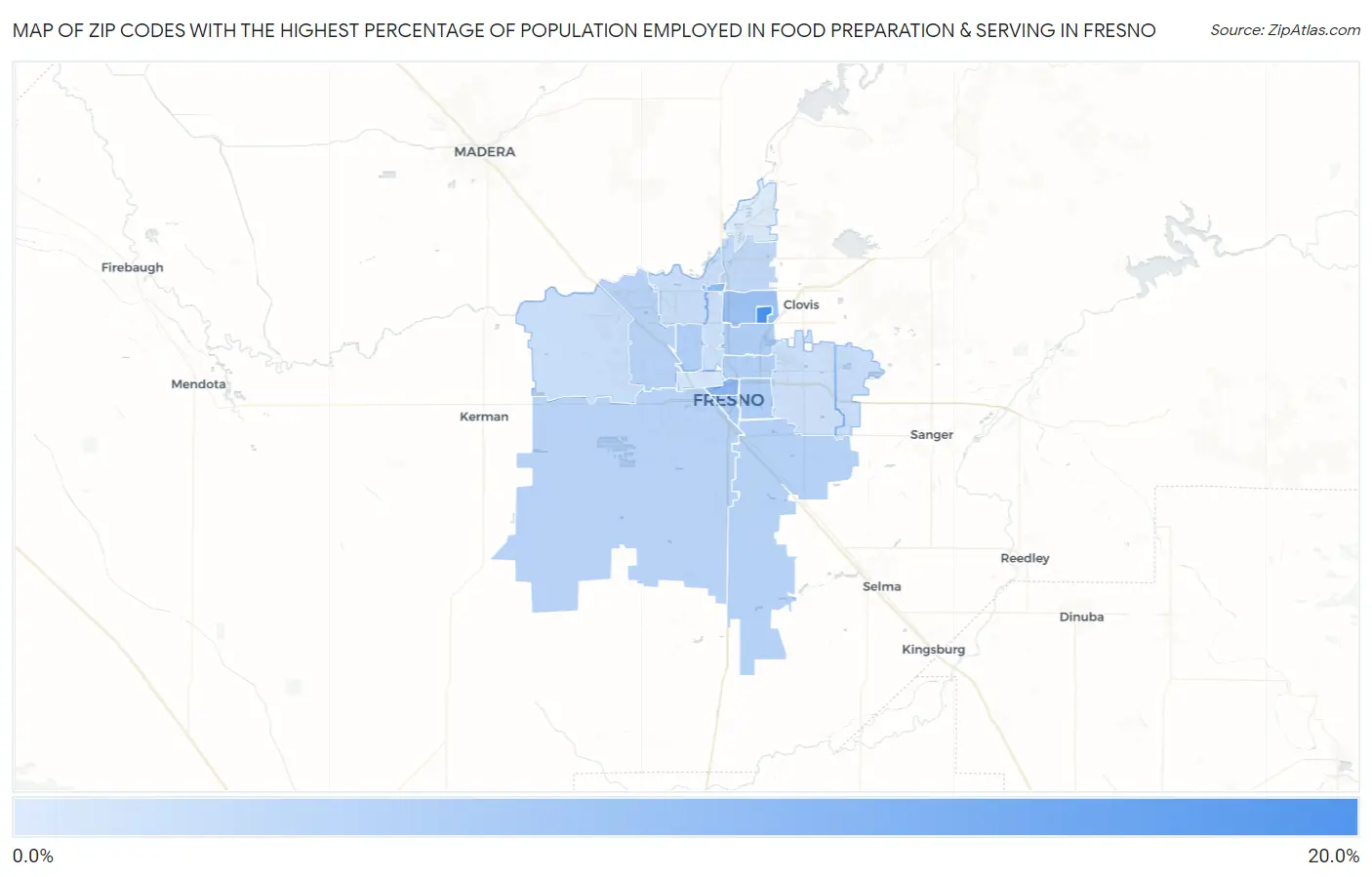 Zip Codes with the Highest Percentage of Population Employed in Food Preparation & Serving in Fresno Map